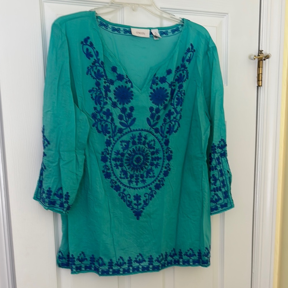 Chico's Teal and Blue Embroidered Tunic